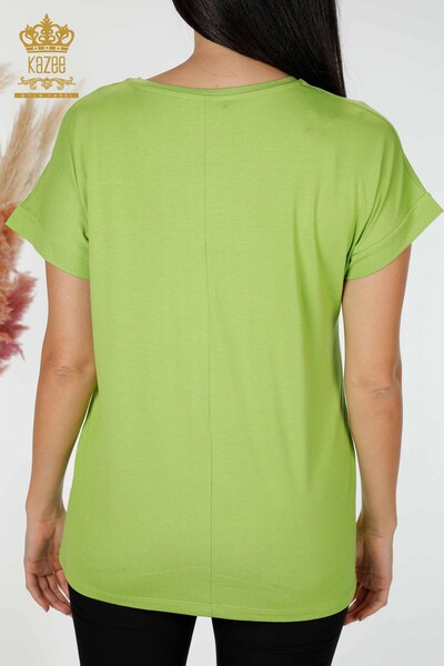 Toptan Kadın Bluz Yazı Detaylı Fıstık Yeşil - 78955 | KAZEE - Thumbnail