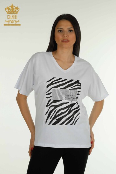 Toptan Kadın Bluz Zebra Çizgili Beyaz - 79457 | KAZEE - Thumbnail