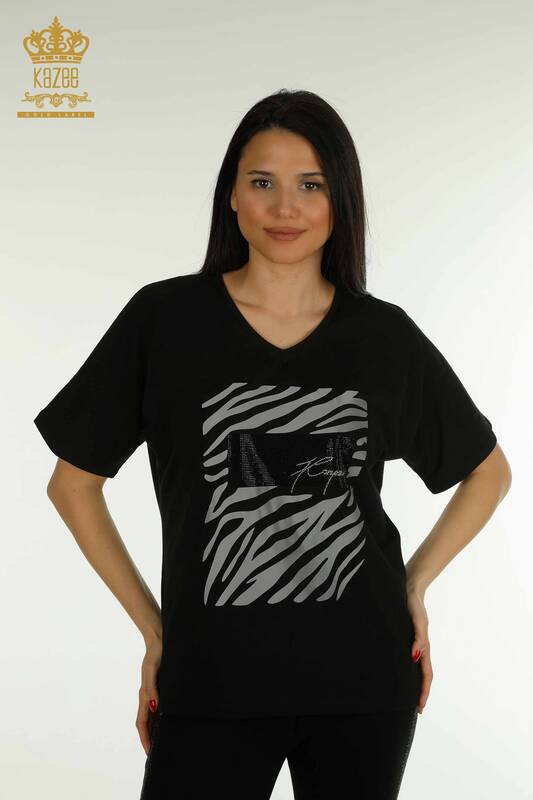 Toptan Kadın Bluz Zebra Çizgili Siyah - 79457 | KAZEE