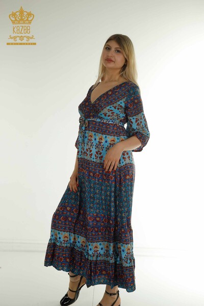 D - Toptan Kadın Elbise Bağlamalı Mavi - 2404-Style-8 | D