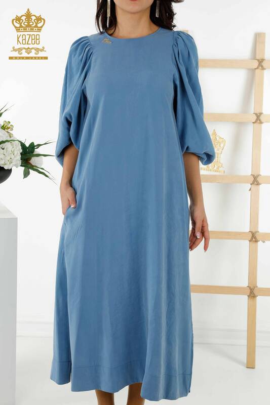 Toptan Kadın Elbise Balon Kol Mavi - 20329 | KAZEE