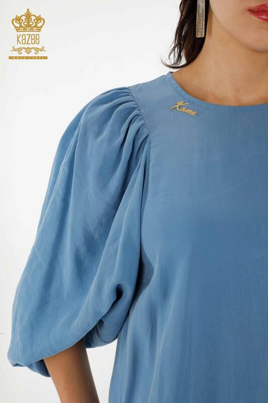 Toptan Kadın Elbise Balon Kol Mavi - 20329 | KAZEE