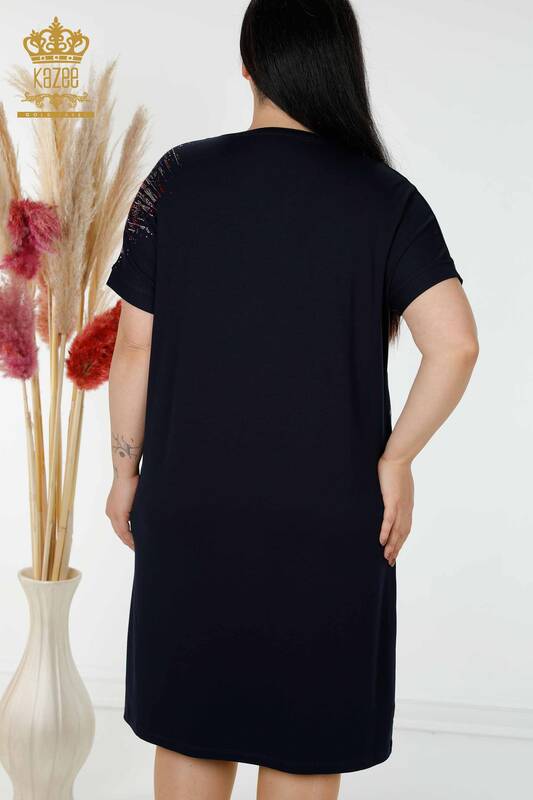 Toptan Kadın Elbise Cepli Taş İşlemeli Lacivert - 7743 | KAZEE