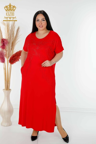 Kazee - Toptan Kadın Elbise Çiçek Desenli Kırmızı - 7733 | KAZEE