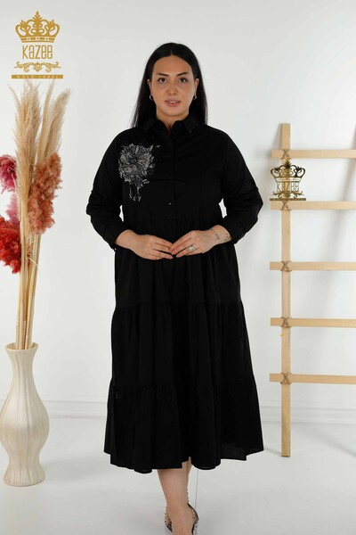 Kazee - Toptan Kadın Elbise Çiçek Desenli Siyah - 20271 | KAZEE