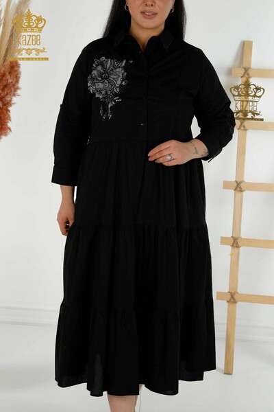 Kazee - Toptan Kadın Elbise Çiçek Desenli Siyah - 20271 | KAZEE (1)