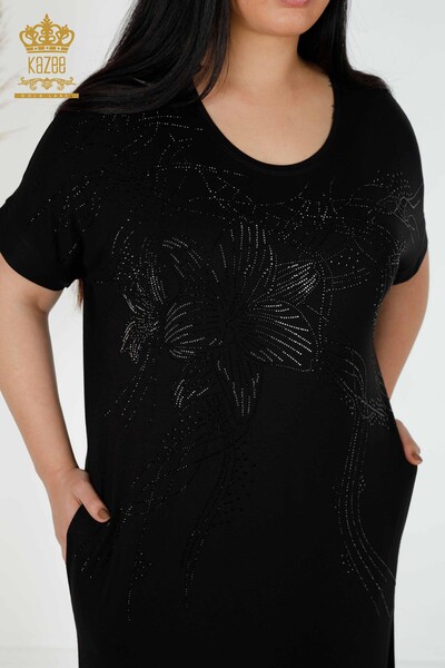 Toptan Kadın Elbise Çiçek Desenli Siyah - 7733 | KAZEE - Thumbnail (2)
