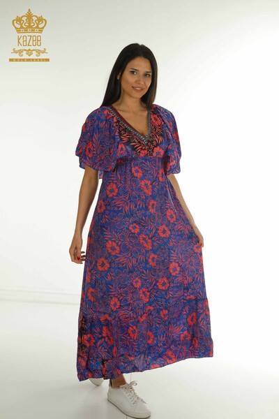D - Toptan Kadın Elbise Çiçekli Mavi - 2404-Style-2 | D
