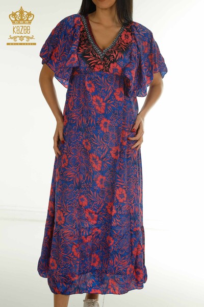 D - Toptan Kadın Elbise Çiçekli Mavi - 2404-Style-2 | D (1)