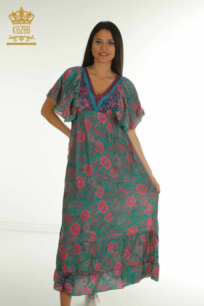D - Toptan Kadın Elbise Çiçekli Yeşil - 2404-Style-2 | D