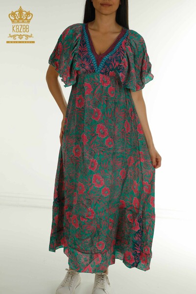D - Toptan Kadın Elbise Çiçekli Yeşil - 2404-Style-2 | D (1)