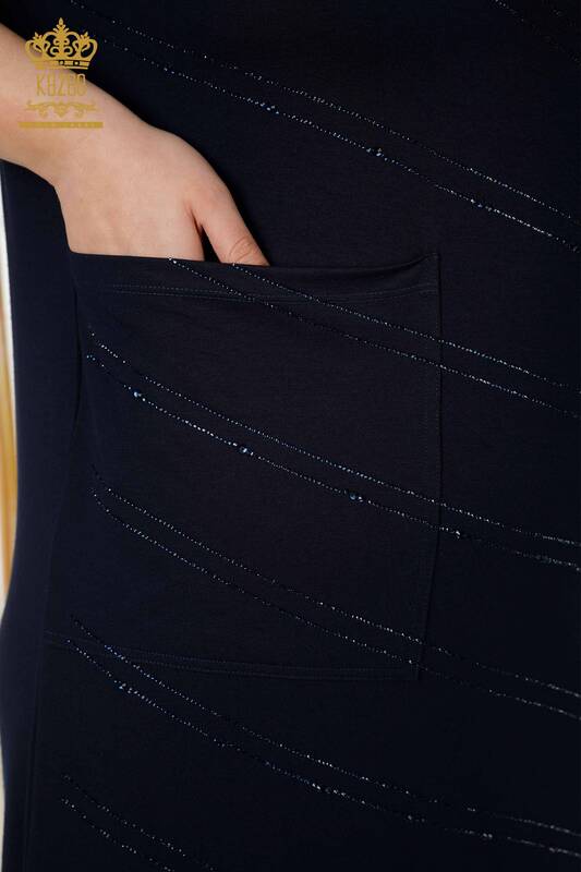 Toptan Kadın Elbise Çizgili Cepli Lacivert - 7738 | KAZEE