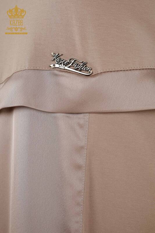 Toptan Kadın Elbise Deri Detaylı Cepli Bej - 20323 | KAZEE