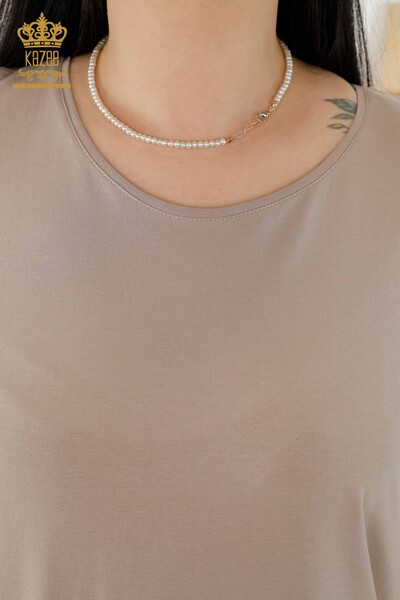 Toptan Kadın Elbise Deri Detaylı Cepli Bej - 20366 | KAZEE - 5