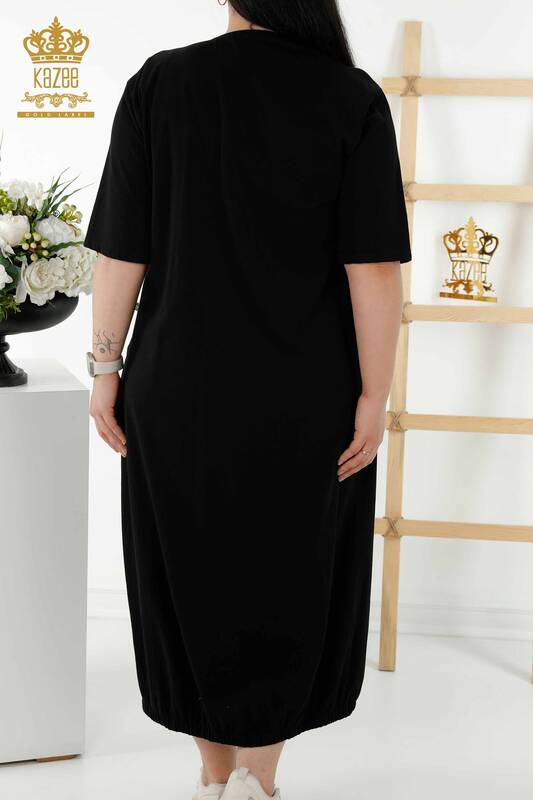 Toptan Kadın Elbise Deri Detaylı Cepli Siyah - 20323 | KAZEE