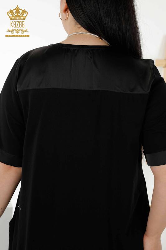 Toptan Kadın Elbise Deri Detaylı Cepli Siyah - 20366 | KAZEE