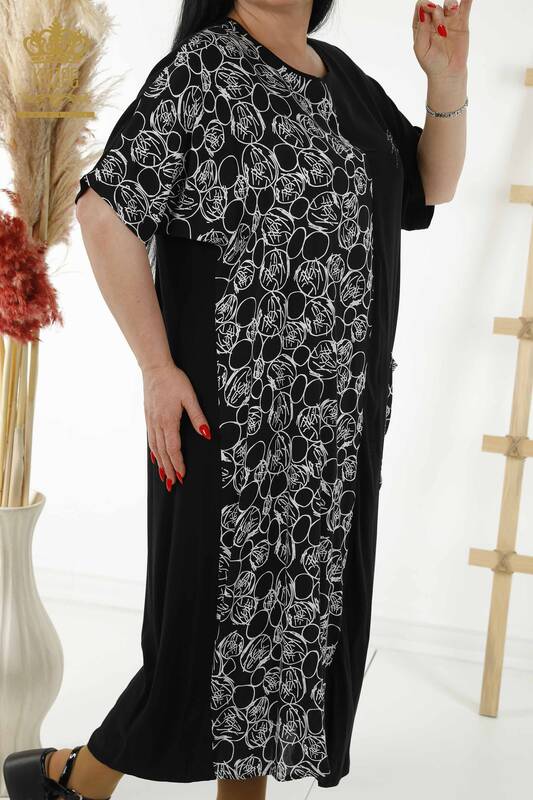Toptan Kadın Elbise Desenli Cepli Siyah - 20382 | KAZEE