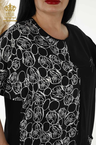 Toptan Kadın Elbise Desenli Cepli Siyah - 20382 | KAZEE - Thumbnail
