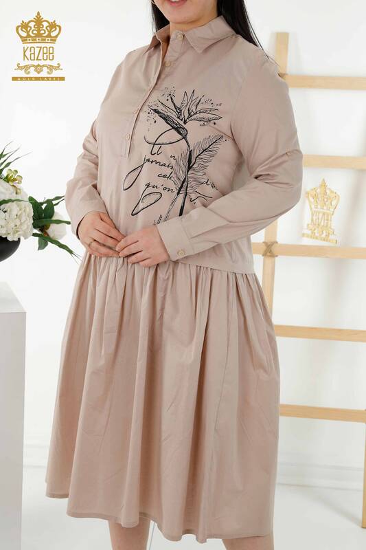 Toptan Kadın Elbise Desenli Düğme Detaylı Bej - 20324 | KAZEE