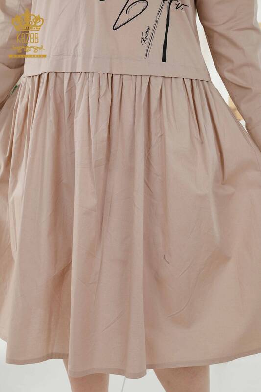 Toptan Kadın Elbise Desenli Düğme Detaylı Bej - 20324 | KAZEE
