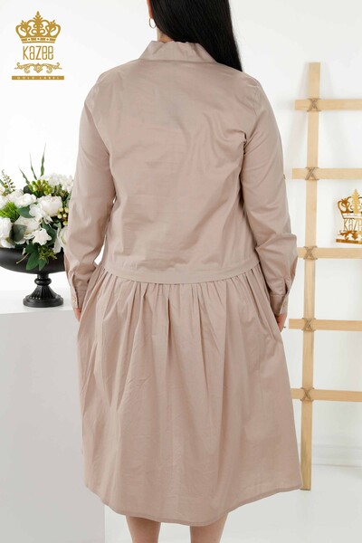 Toptan Kadın Elbise Desenli Düğme Detaylı Bej - 20324 | KAZEE - Thumbnail