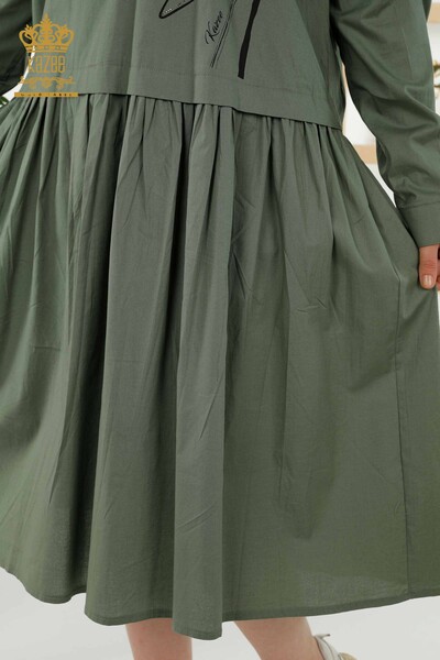 Toptan Kadın Elbise Desenli Düğme Detaylı Haki - 20324 | KAZEE - Thumbnail