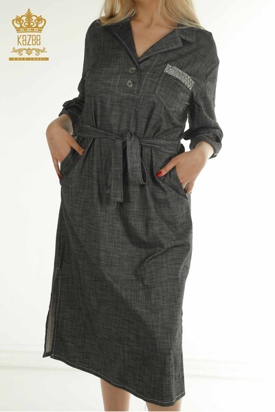 M&T - Toptan Kadın Elbise Düğme Detaylı Antrasit - 2403-5037 | M&T (1)