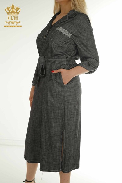 Toptan Kadın Elbise Düğme Detaylı Antrasit - 2403-5037 | M&T - Thumbnail