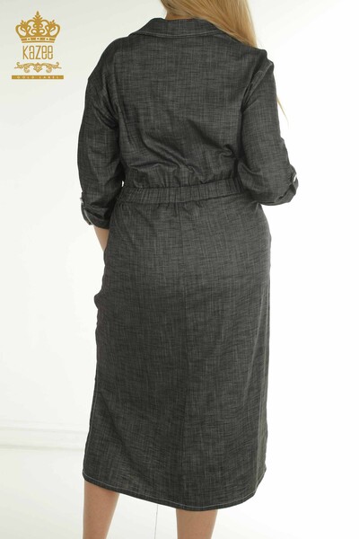 Toptan Kadın Elbise Düğme Detaylı Antrasit - 2403-5037 | M&T - Thumbnail