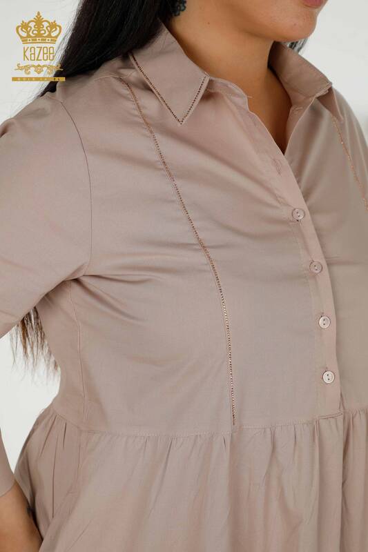Toptan Kadın Elbise Düğme Detaylı Bej - 20261 | KAZEE