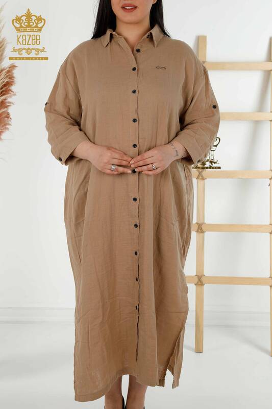 Toptan Kadın Elbise Düğme Detaylı Bej - 20405 | KAZEE