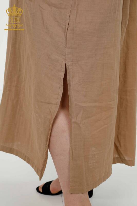 Toptan Kadın Elbise Düğme Detaylı Bej - 20405 | KAZEE