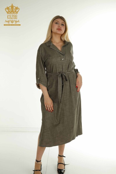 M&T - Toptan Kadın Elbise Düğme Detaylı Haki - 2403-5037 | M&T