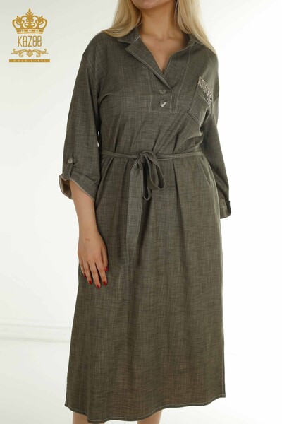 M&T - Toptan Kadın Elbise Düğme Detaylı Haki - 2403-5037 | M&T (1)