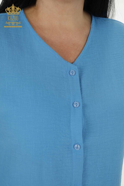 Toptan Kadın Elbise Düğme Detaylı Mavi - 20383 | KAZEE - Thumbnail