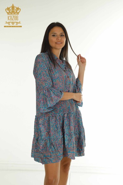 D - Toptan Kadın Elbise Düğme Detaylı Mavi - 2404-Style-32 | D