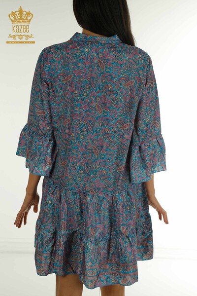 Toptan Kadın Elbise Düğme Detaylı Mavi - 2404-Style-32 | D - Thumbnail