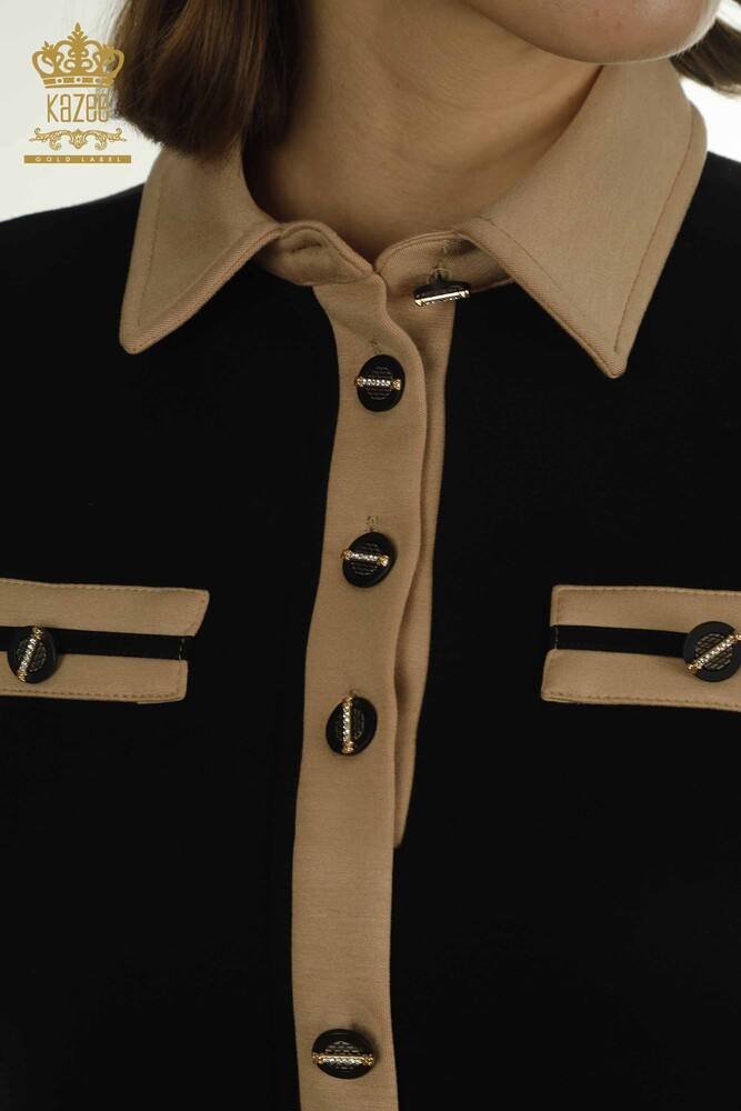 Toptan Kadın Elbise Düğme Detaylı Siyah Camel - 17701 | KAZEE - 5