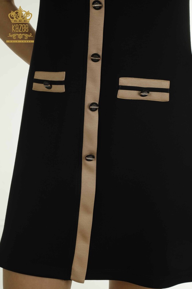 Toptan Kadın Elbise Düğme Detaylı Siyah Camel - 17701 | KAZEE - 8
