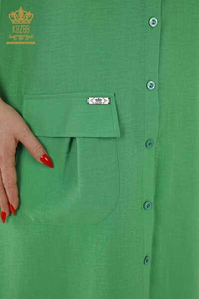 Toptan Kadın Elbise Düğme Detaylı Yeşil - 20383 | KAZEE - Thumbnail