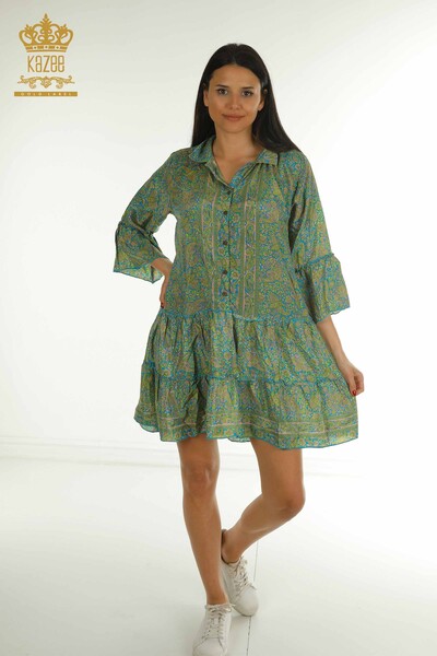 D - Toptan Kadın Elbise Düğme Detaylı Yeşil - 2404-Style-32 | D