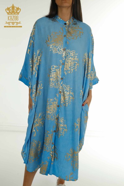 S&M - Toptan Kadın Elbise Düğmeli Mavi - 2402-236010 | S&M (1)