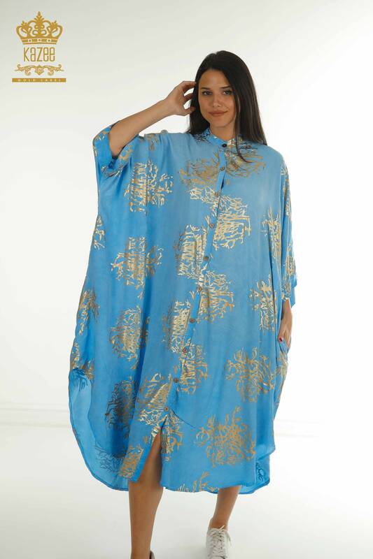 Toptan Kadın Elbise Düğmeli Mavi - 2402-236010 | S&M
