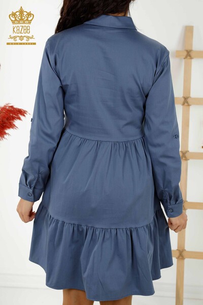 Toptan Kadın Elbise Düğmeli Taş İşlemeli İndigo - 20229 | KAZEE - Thumbnail