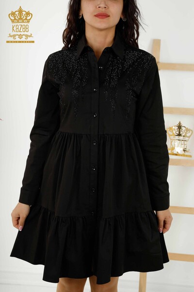 Toptan Kadın Elbise Düğmeli Taş İşlemeli Siyah - 20229 | KAZEE - Thumbnail (2)