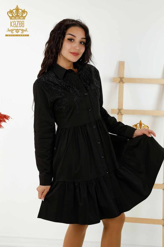 Toptan Kadın Elbise Düğmeli Taş İşlemeli Siyah - 20229 | KAZEE