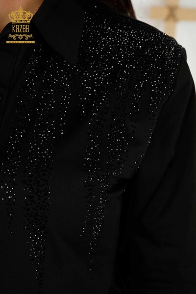 Toptan Kadın Elbise Düğmeli Taş İşlemeli Siyah - 20229 | KAZEE - Thumbnail