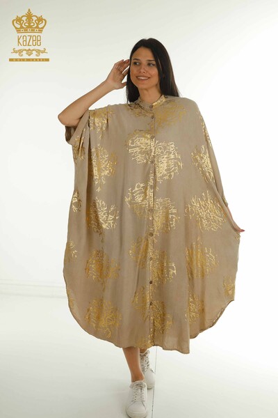 S&M - Toptan Kadın Elbise Düğmeli Vizon - 2402-236010 | S&M