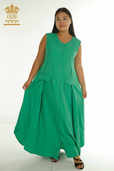 T - Toptan Kadın Elbise Düğmeli Yeşil - 2405-10139 | T