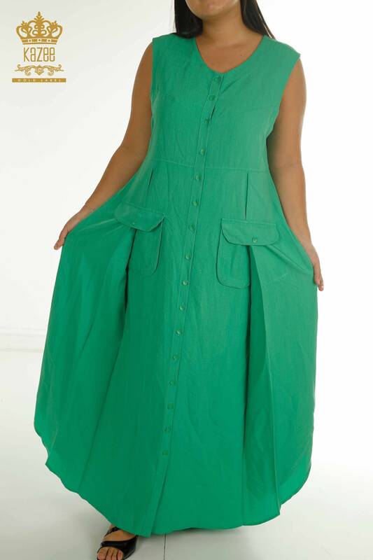 Toptan Kadın Elbise Düğmeli Yeşil - 2405-10139 | T